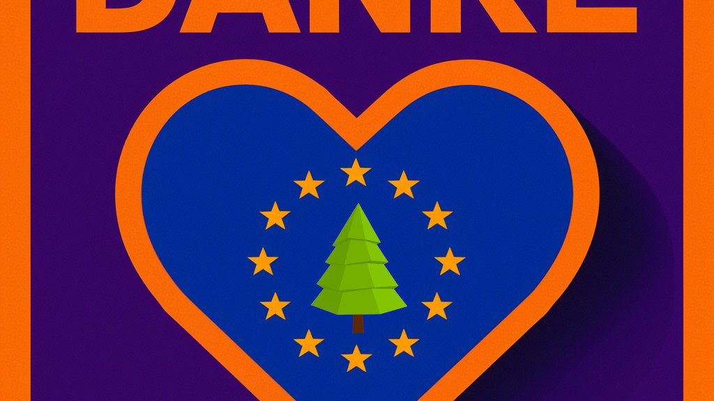 Danke, ein Herz in der Mitte eine Tanne und die Europa Flagge